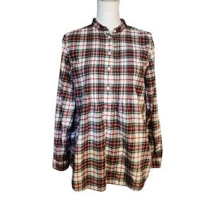 Lands End Popover Top Pintuck Bodice Roll Sleeves White Red Plaid Womens Size 6T